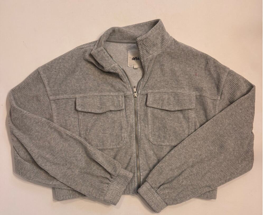 Aerie Women's Cropped Ribbed Full-Zip Jacket Gray Velour Sz S